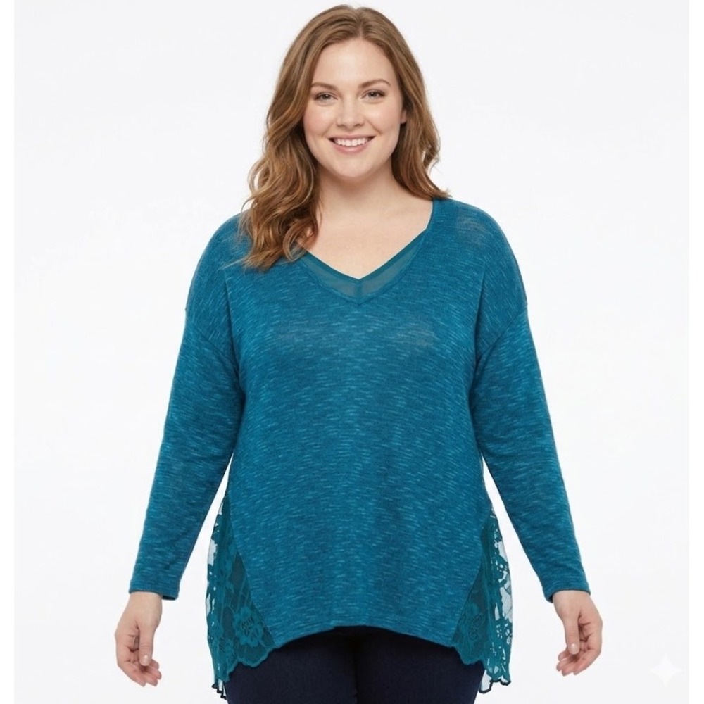 NEW Jessica Simpson Teal Blue‎ Soft Stretch Lace Top 1X